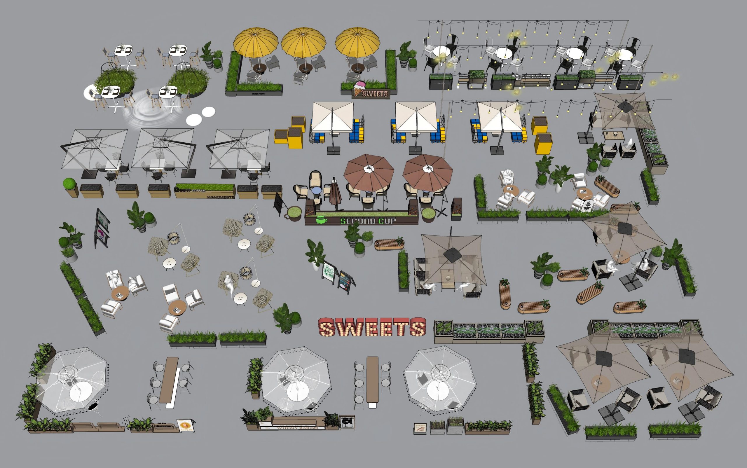 外摆现代商业外摆小品户外咖啡馆桌椅金属移动花箱商业景观座椅组合沿街商业外摆区SU模型-由甫网