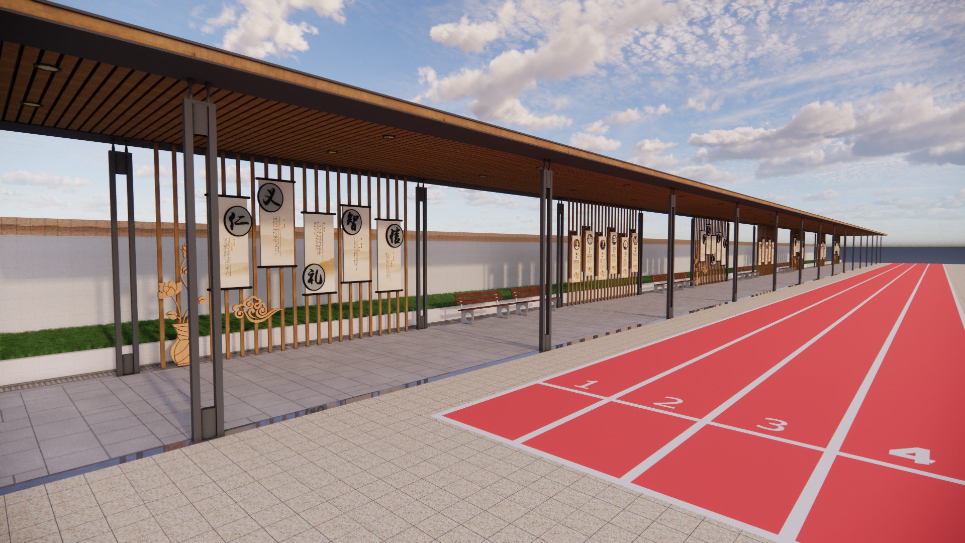 现代校园景观 中式廊架 文化连廊 校园文化_草图大师SU模型-由甫网