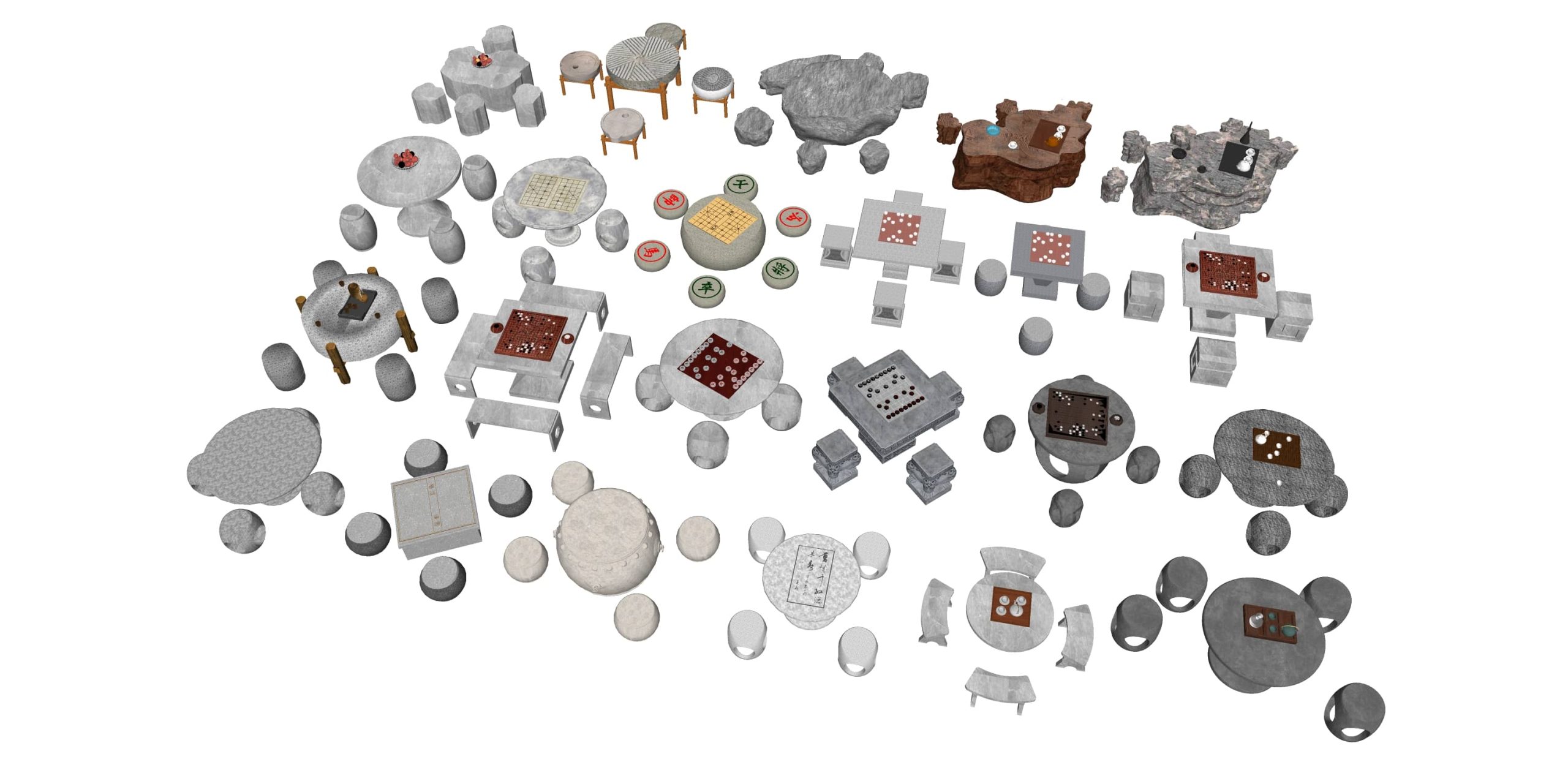 新中式石桌石椅家具座椅小品草图大师SU模型-由甫网