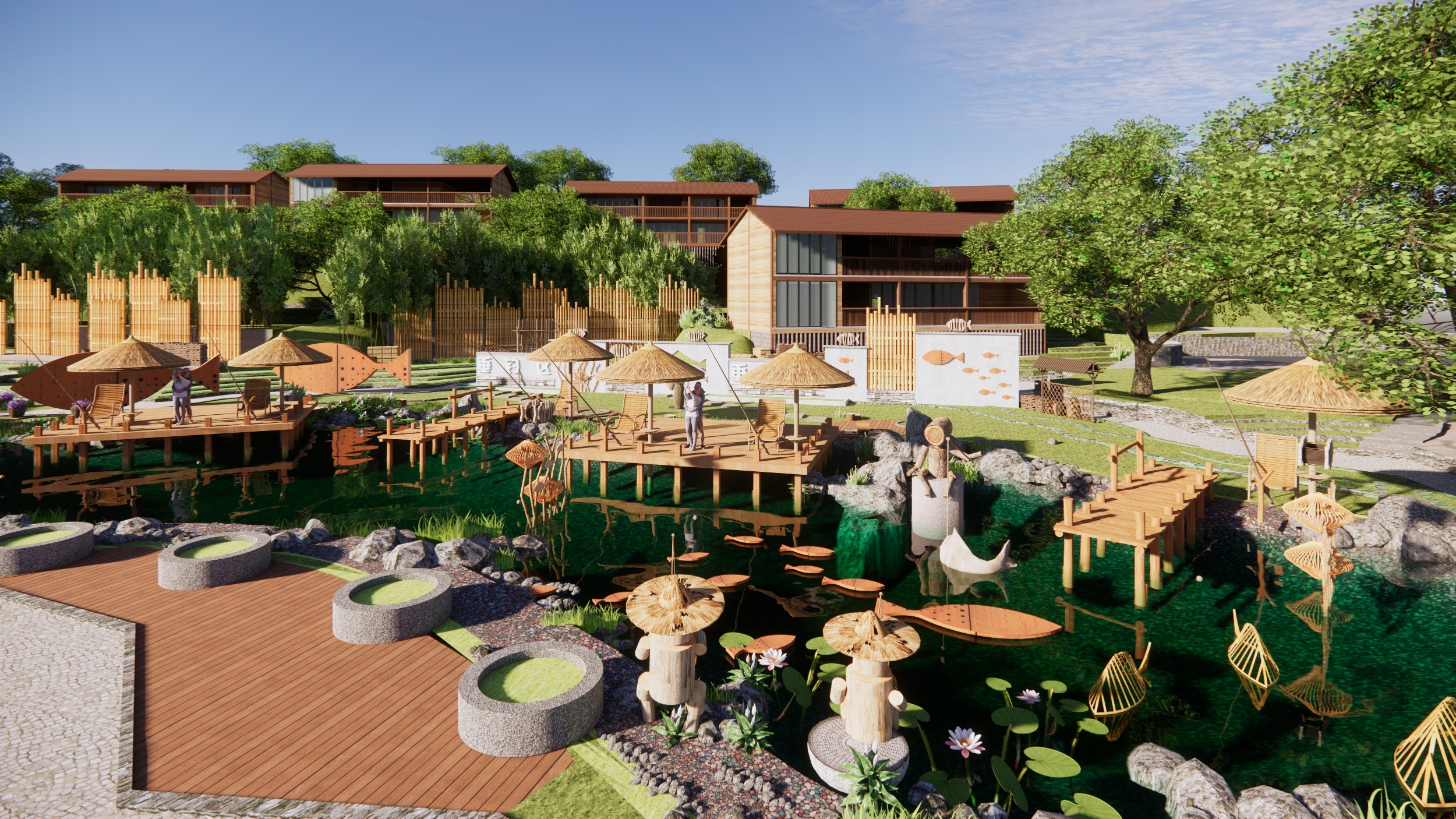 现代垂钓基地 钓鱼公园景观 鱼池庭院垂钓 荷塘钓鱼 餐饮配套设施 农家乐_知末SU模型-由甫网