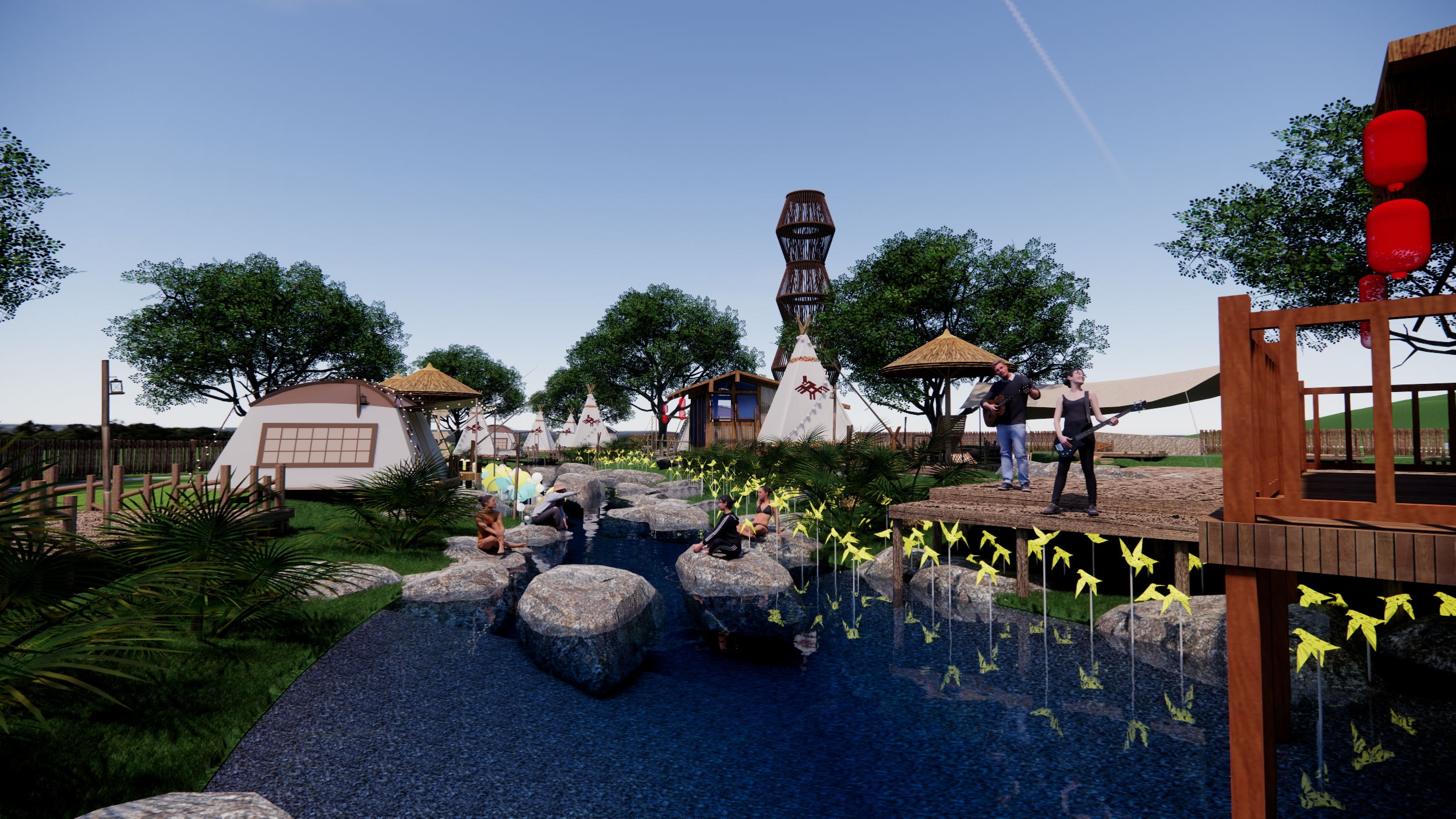 现代滨水景观_湿地公园_生态石头驳岸_滨水餐饮_生态露营地_旅游度假SU模型-由甫网