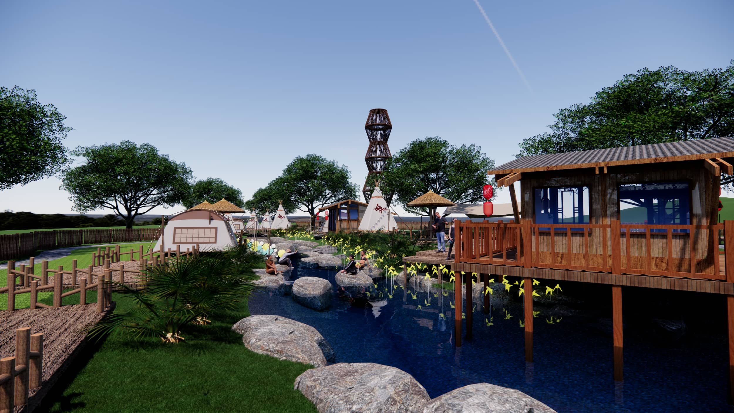 图片[1]-现代滨水景观_湿地公园_生态石头驳岸_滨水餐饮_生态露营地_旅游度假SU模型 - 由甫网-由甫网