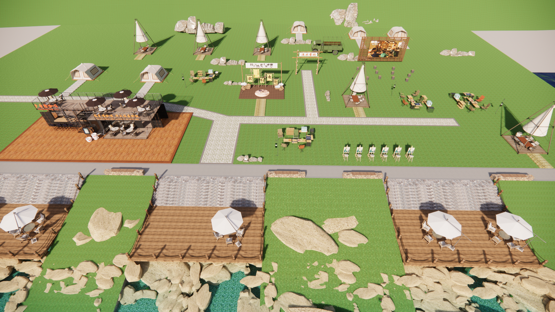 现代轻奢滨水景观_溯溪营地_水边咖啡馆_水边露营基地_山谷玩水小溪流-由甫网