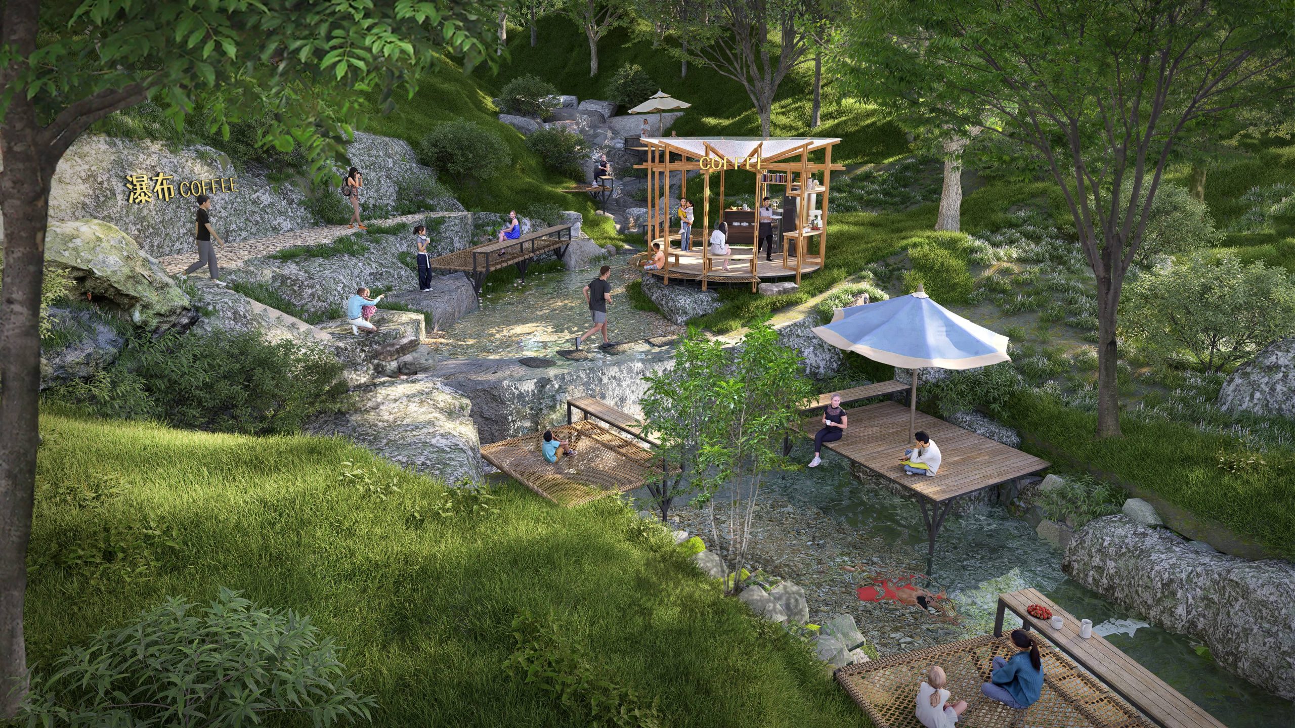 现代滨水景观_溪谷咖啡景观_溯溪营地_山谷溪流_瀑布咖啡_森林溪流戏水-由甫网