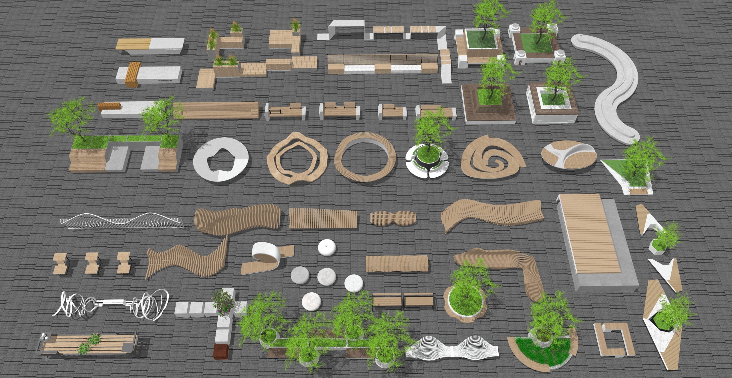 现代景观座椅_景观树池_种植池_户外座椅_公共座椅_景区座椅_小区座椅SU模型-由甫网