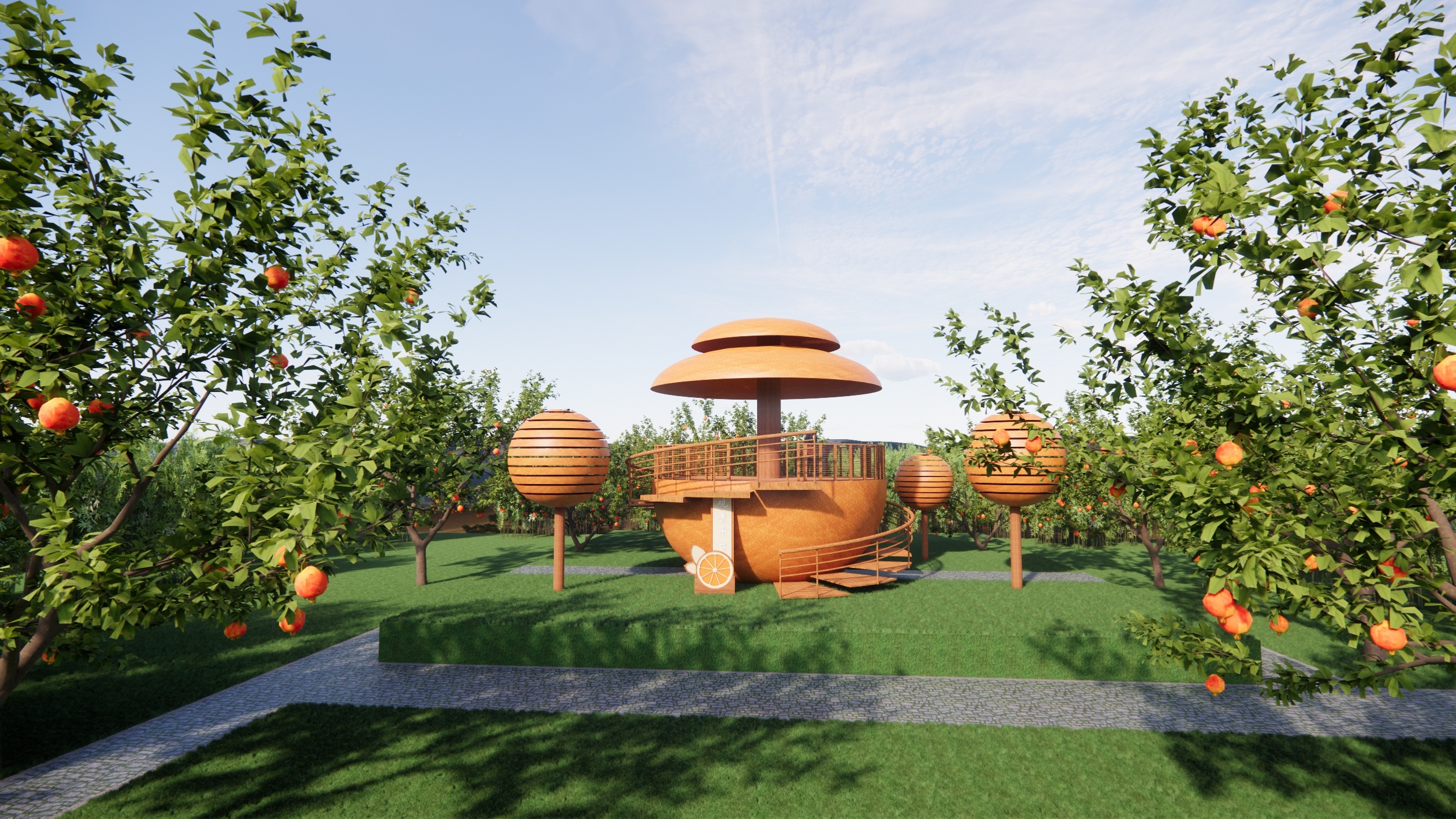 现代舞台平台_柑橘观景平台_橘子景观雕塑_柑橘采摘园_橘子农场_农庄采摘园-由甫网