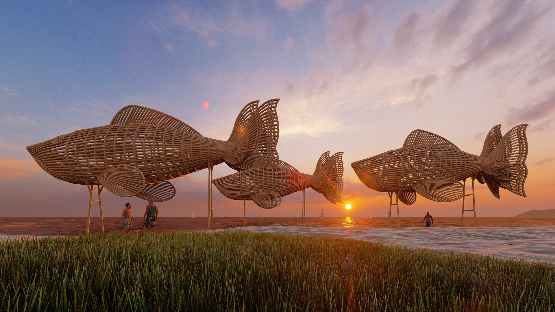 现代原木鱼小品 景观小品 竹木编-由甫网