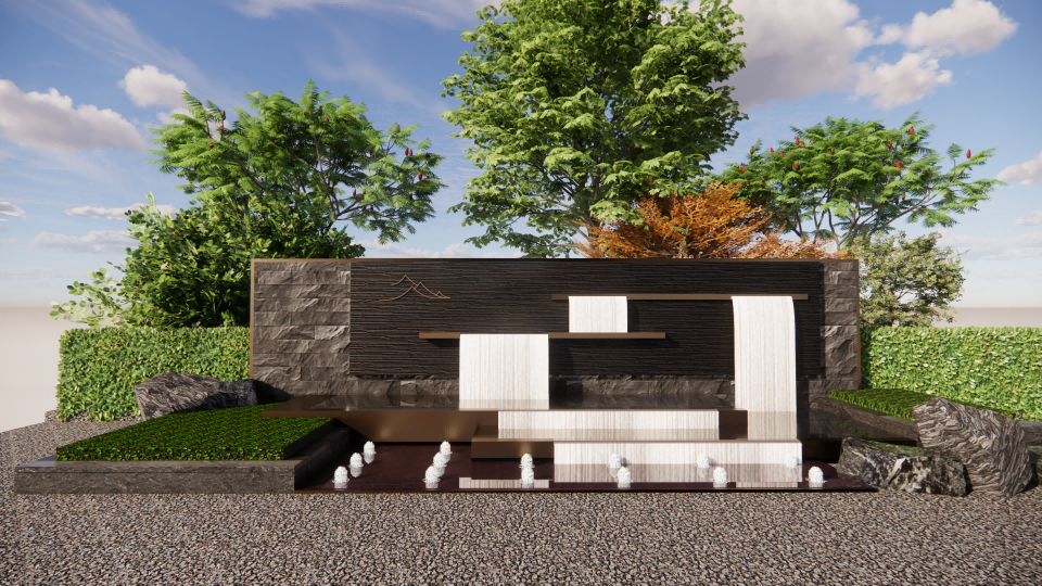 新中式跌水水景景墙su模型-由甫网