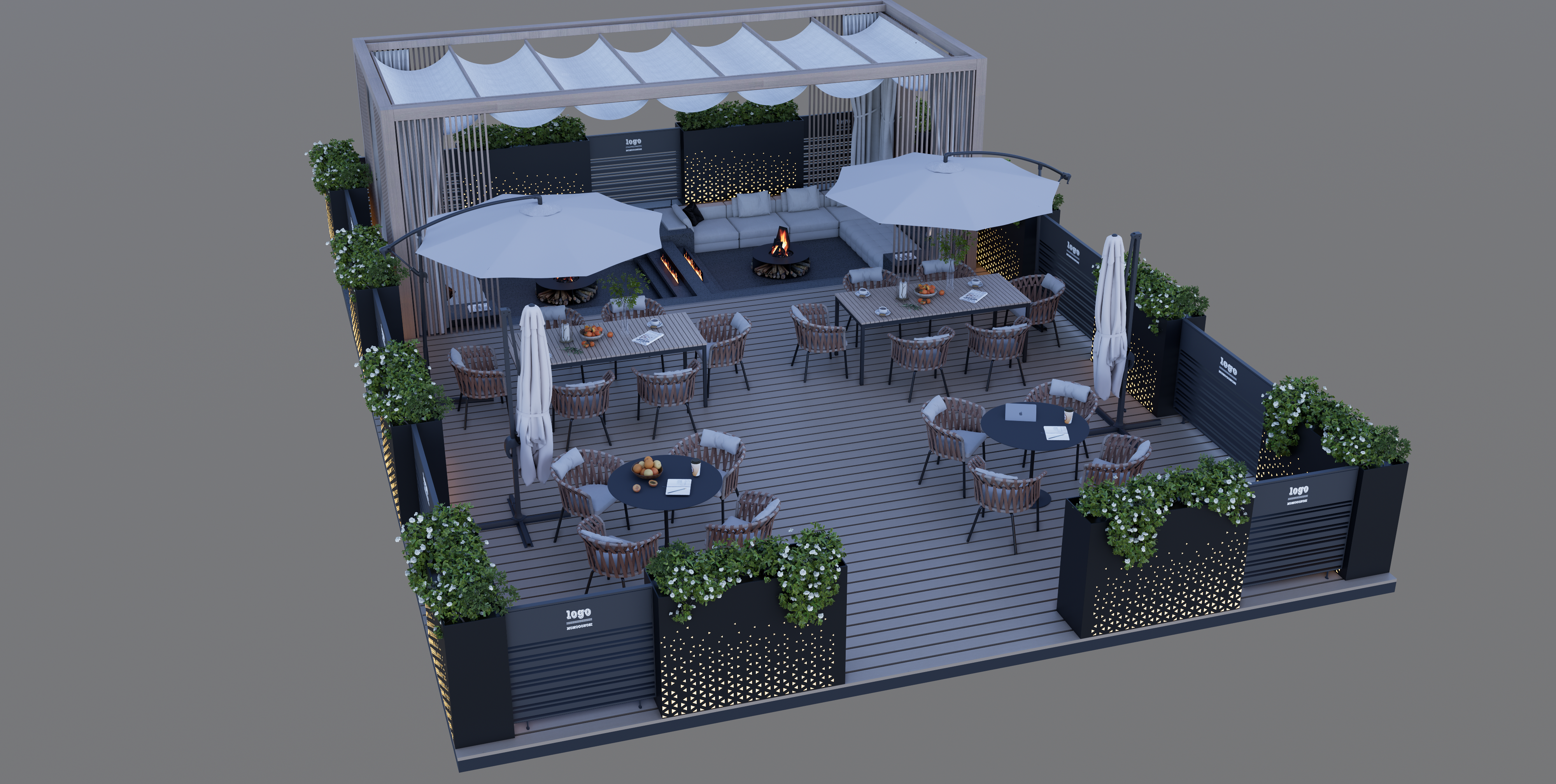 现代户外商业外摆区 户外桌椅 卡座沙发 咖啡厅外摆 凉亭 围栏 花箱su模型草图大师-由甫网