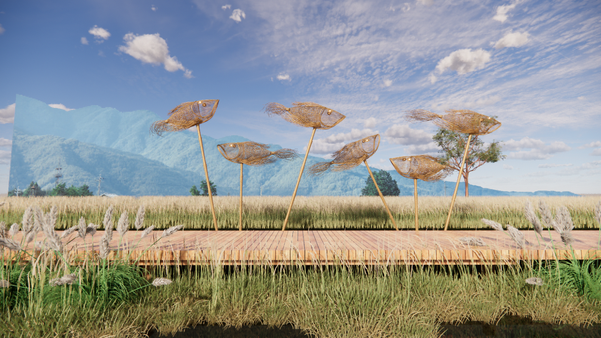 新中式其他小品 藤鱼饰品摆件小品 稻田景观鱼灯小品 鱼雕塑小品 稻田竹灯小品 稻田景观小品SU模型-由甫网