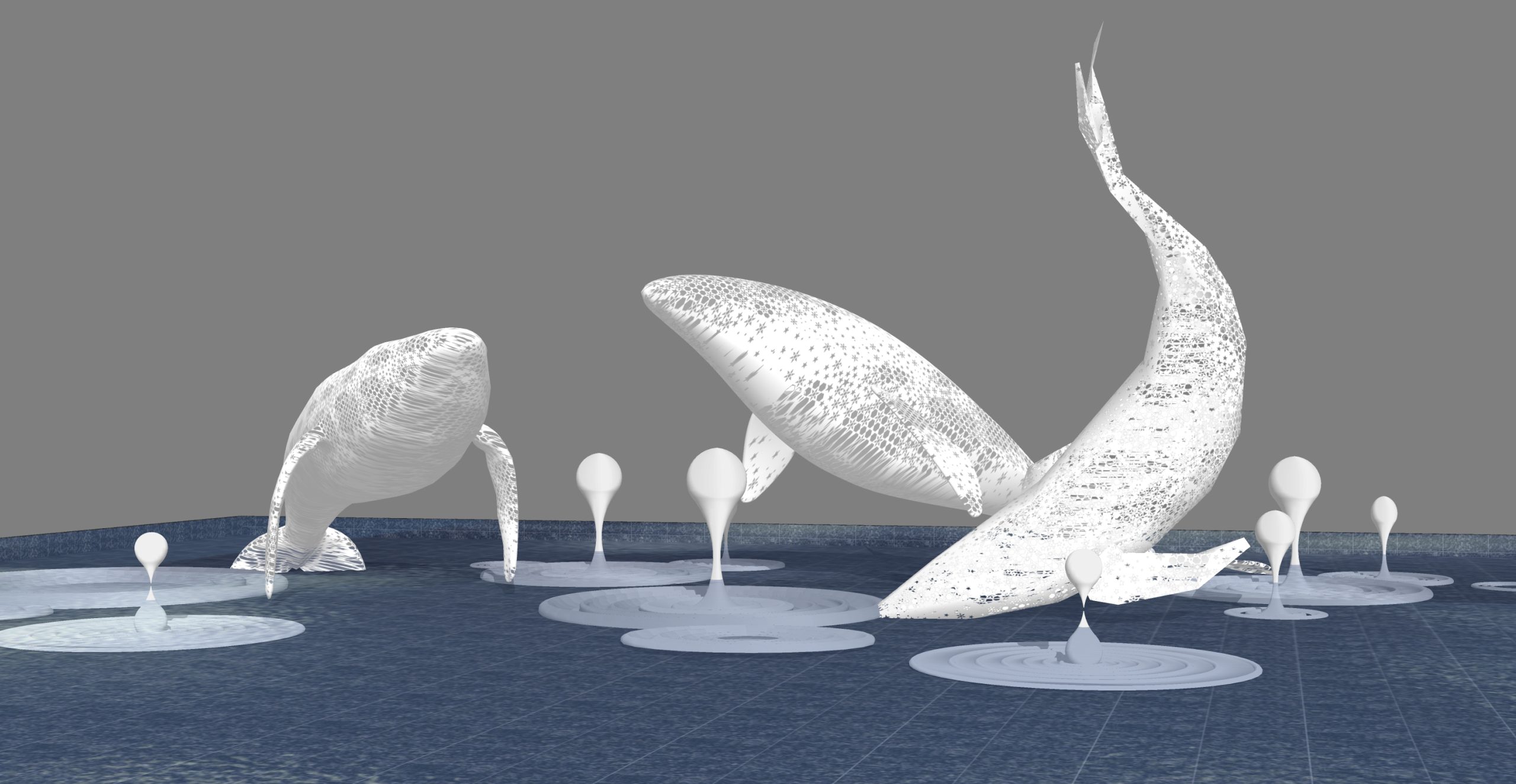 现代镂空鲸鱼水景雕塑小品SU模型-由甫网