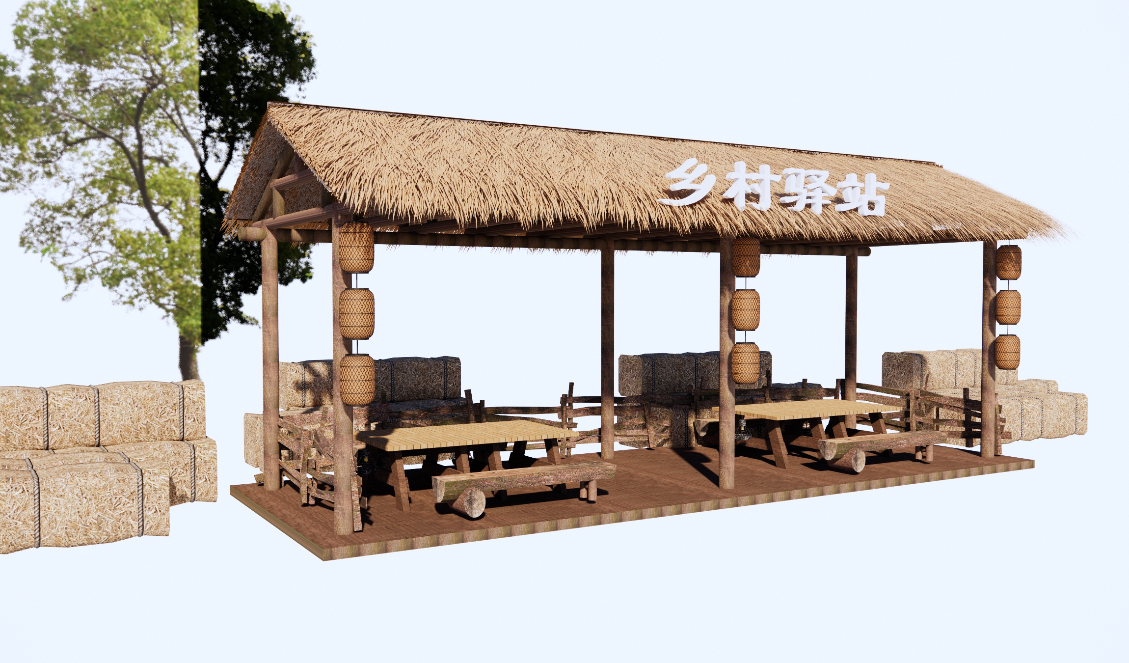 新中式驿站 乡村景观廊架 茅草亭 公园休息驿站_SU模型-由甫网