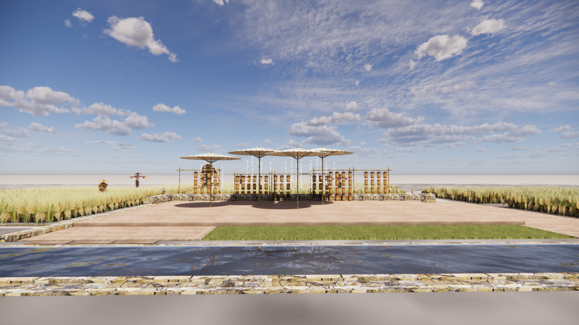 新中式乡村文化景观 稻田网红打卡点 油纸伞诗词廊_SU模型-由甫网