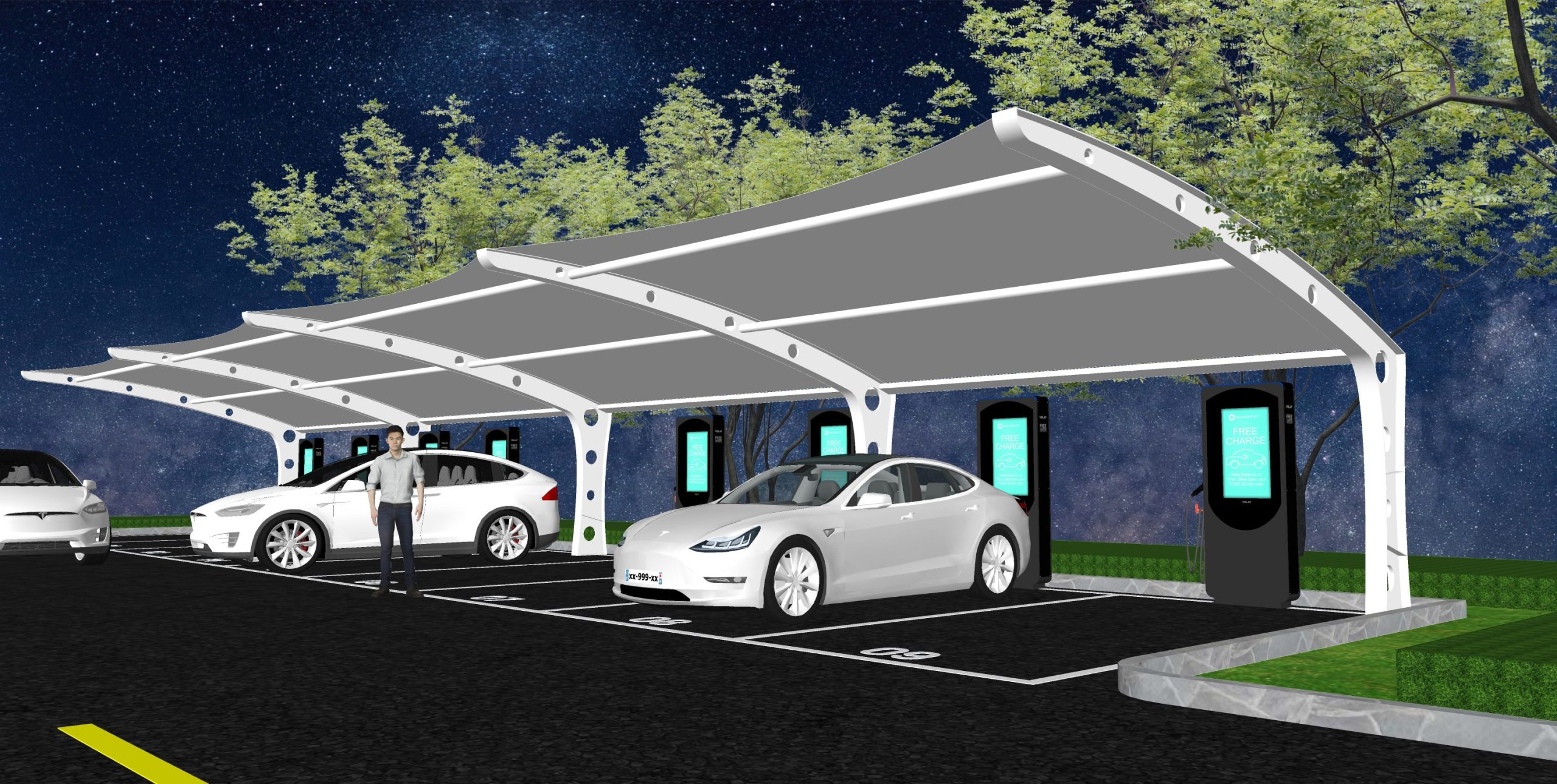 现代车棚_充电桩_充电站_大棚_停车场SU模型-由甫网