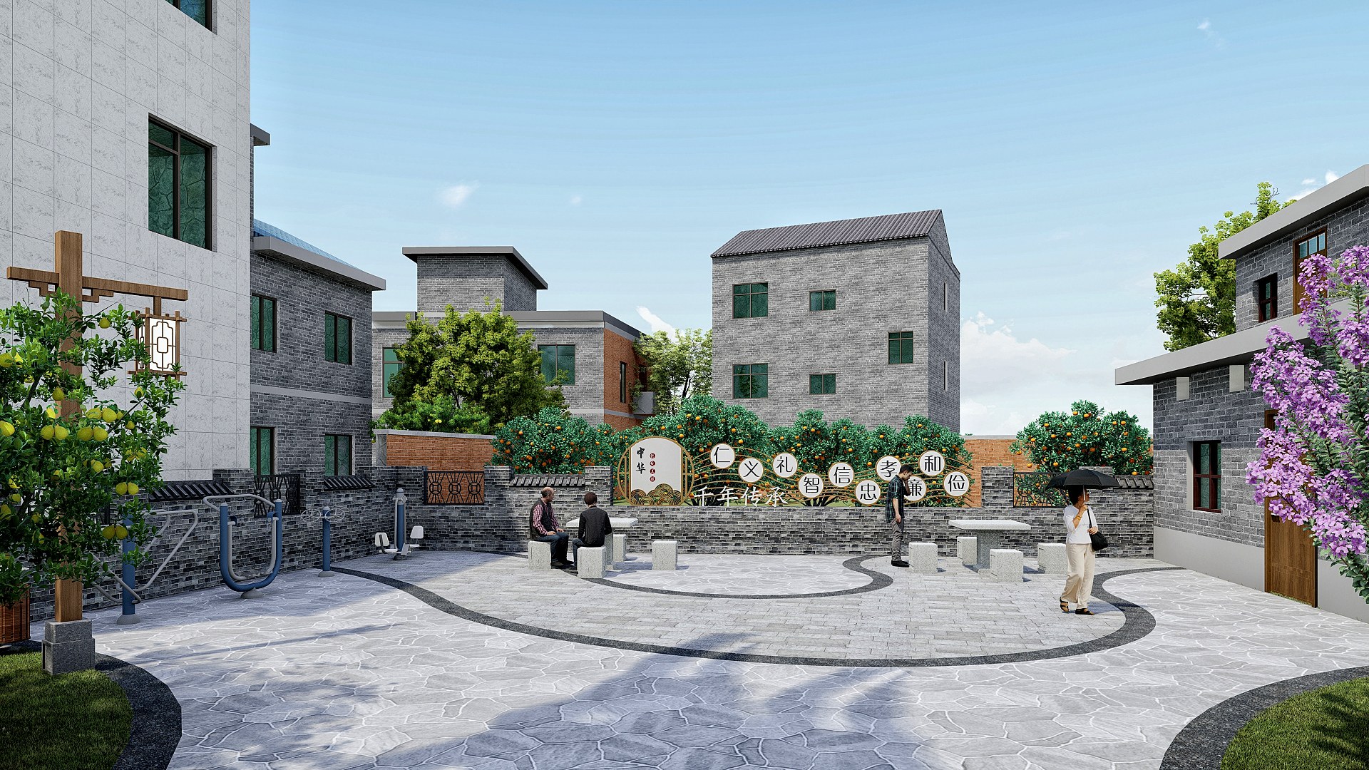 新中式广场景观_乡村广场景观_乡村节点广场_乡村休闲空间_乡村改造SU模型-由甫网