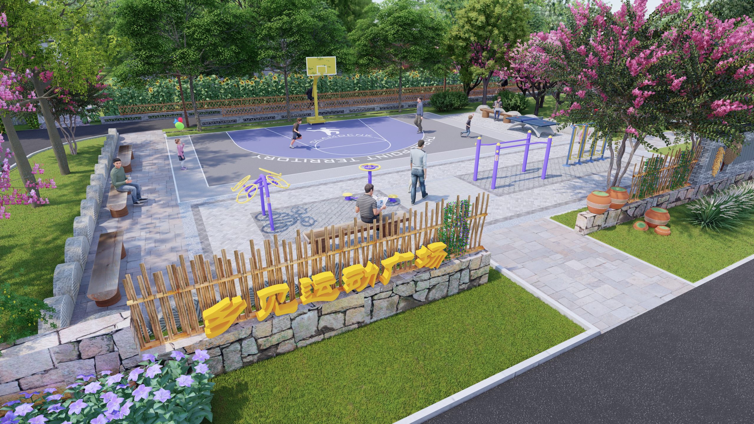 中式美丽乡村广场景观_SU模型-由甫网