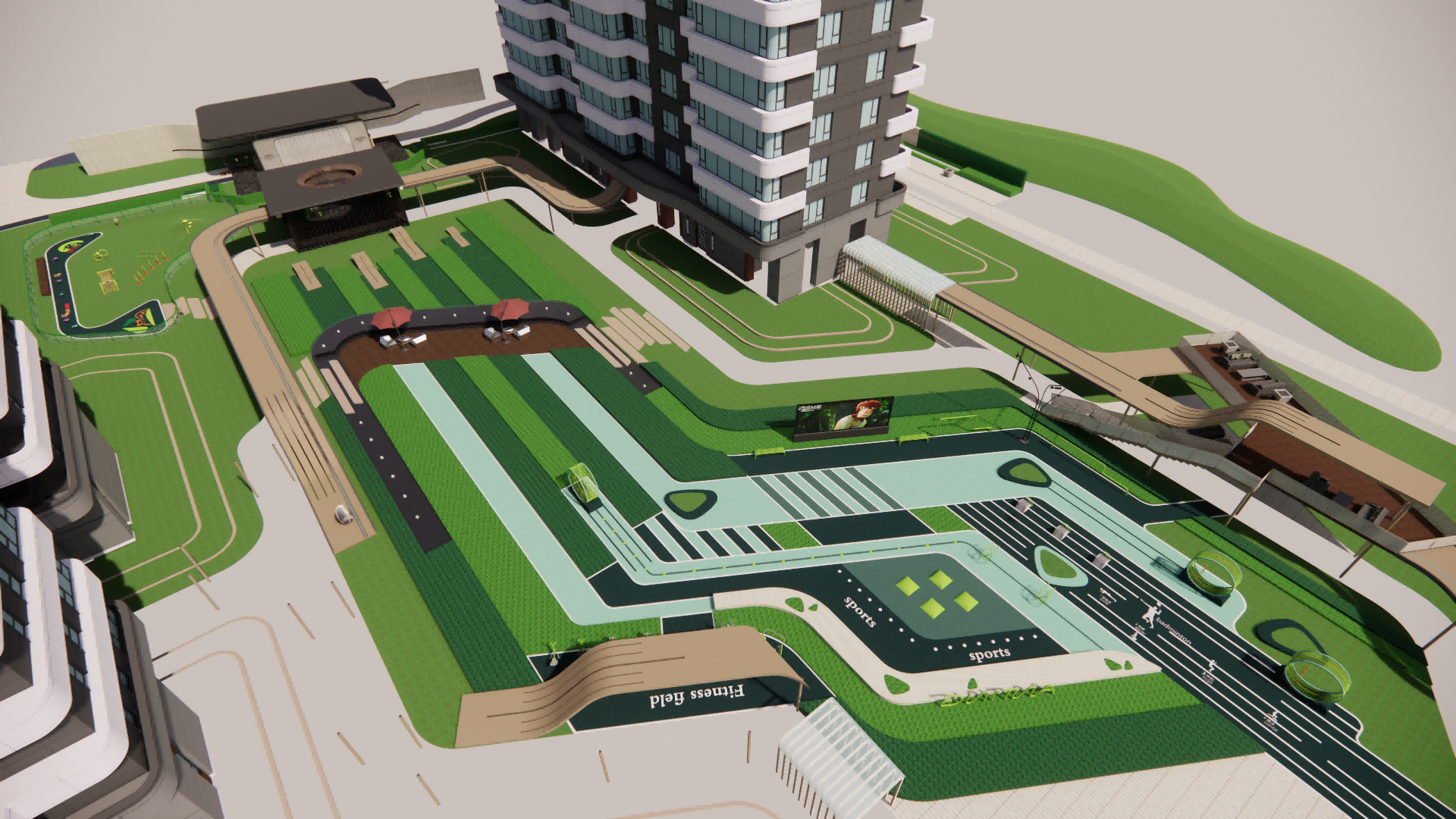 现代小区景观_儿童游乐区_青年健身区_中心亲子活动区_入口景观门头SU模型-由甫网